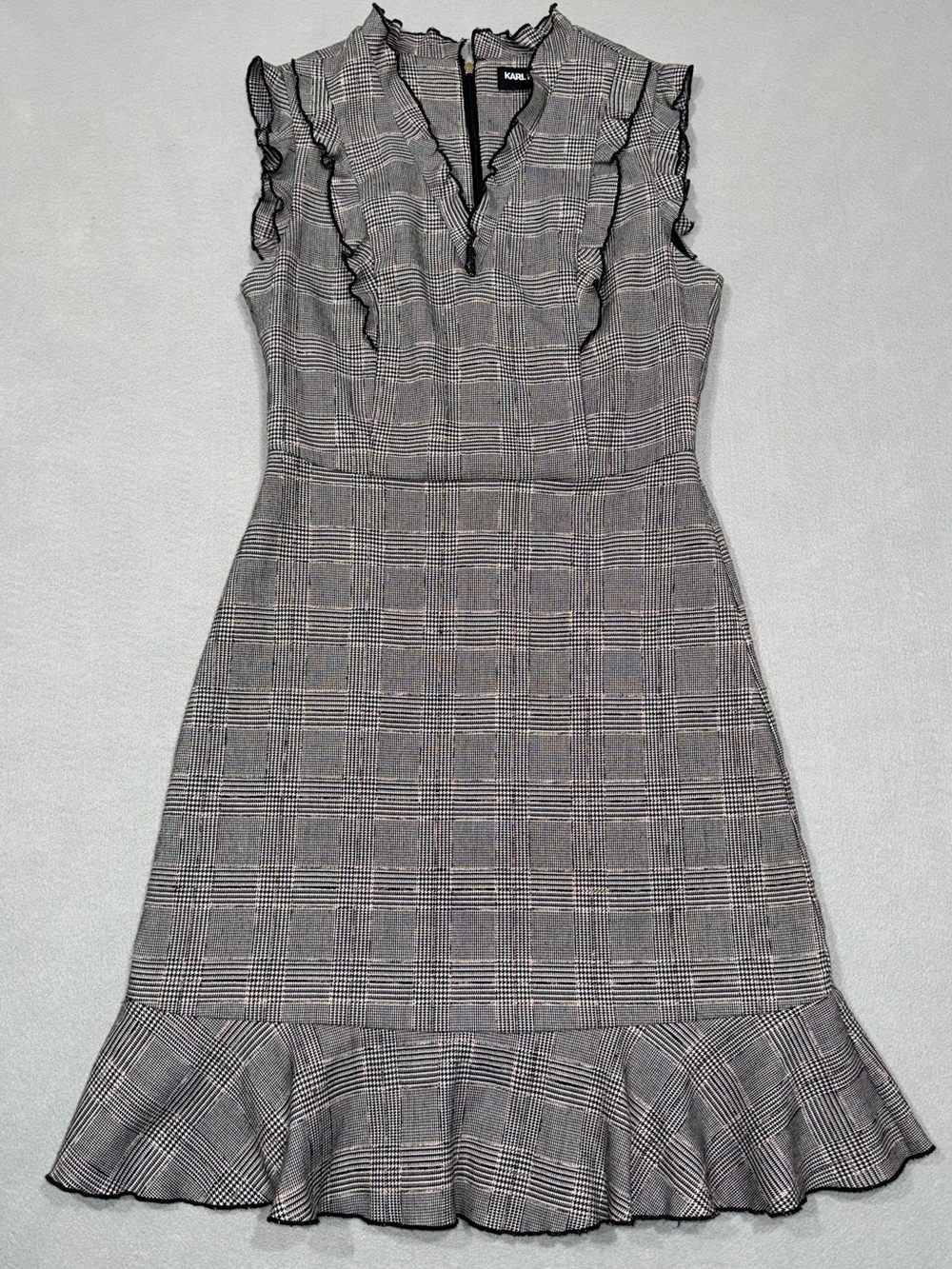 Karl Lagerfeld Paris Glen Plaid Ruffle Trim Sheath Dress Preppy Dark Academica